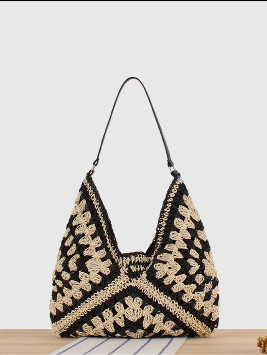 Commense Handbags - Commense Black & Natural Straw Macrame Shoulder Bag